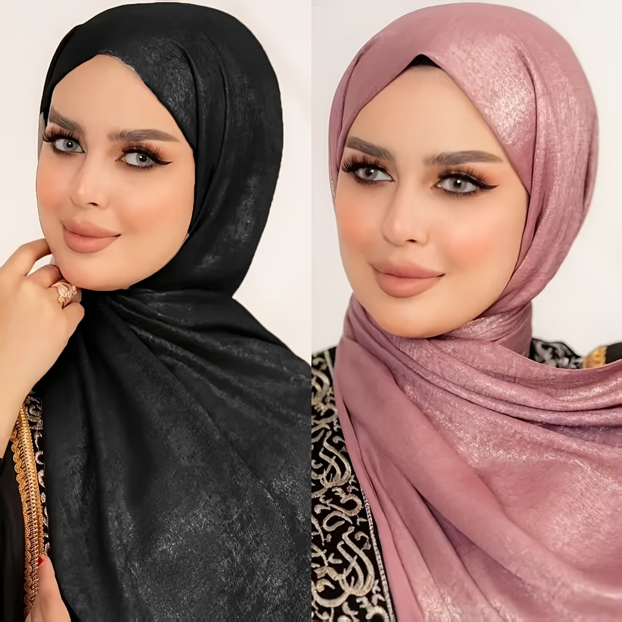 2 pack silky scarf, 100% polyester fiber, religious muslim headscarf, breathable, fitted, non-elastic, weaving  , multiple solid colors   details 4