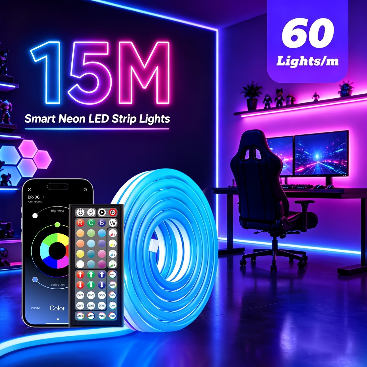 Do 40 m RGB neonski LED trak z nadzorom preko aplikacije in 44-tipkastim daljincem, zatemnljiva prožna neonska vrvica, časovnik, nastavljive