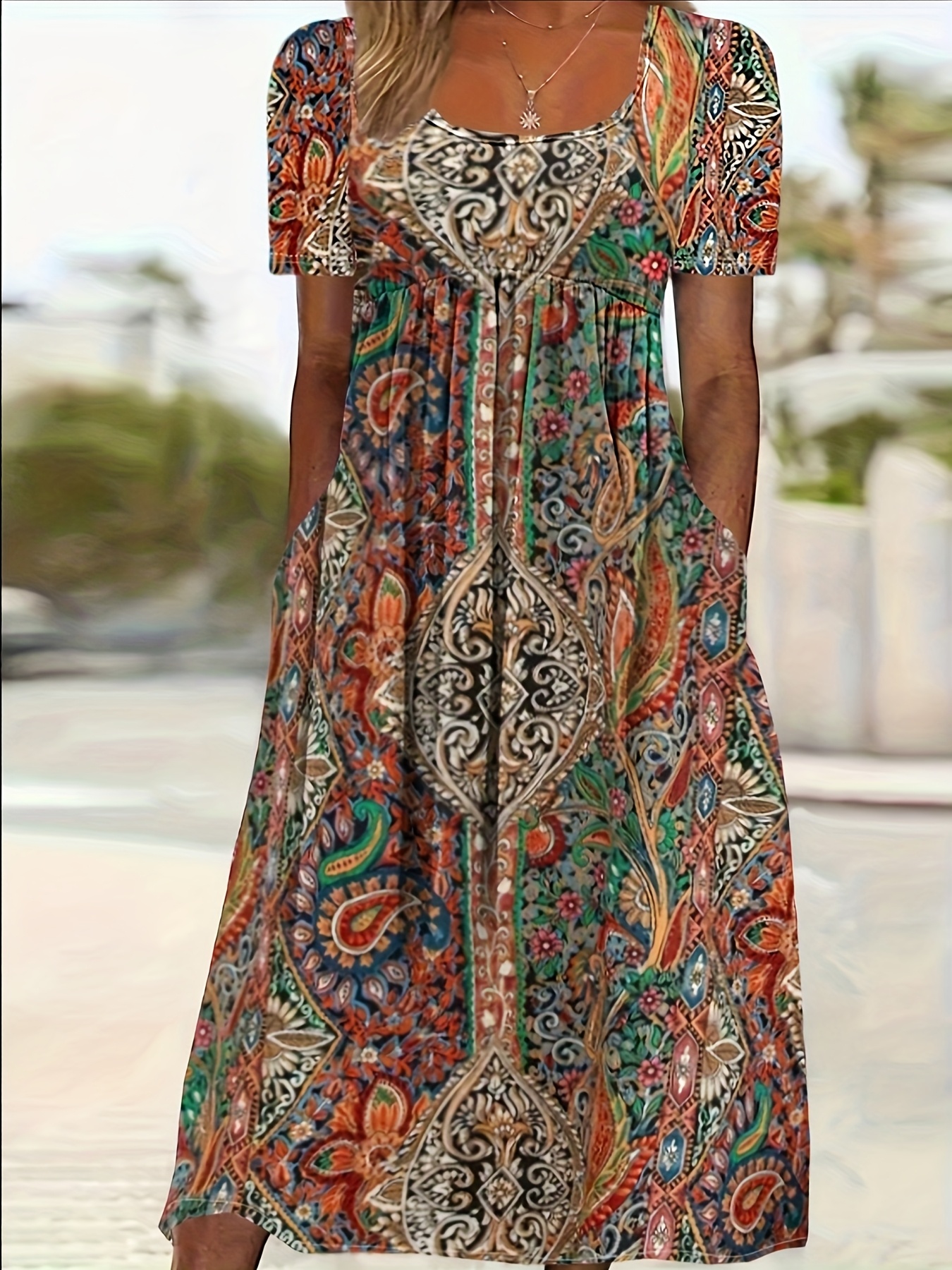 plus size plus size paisley print boat neck pocket stretch midi womens dress