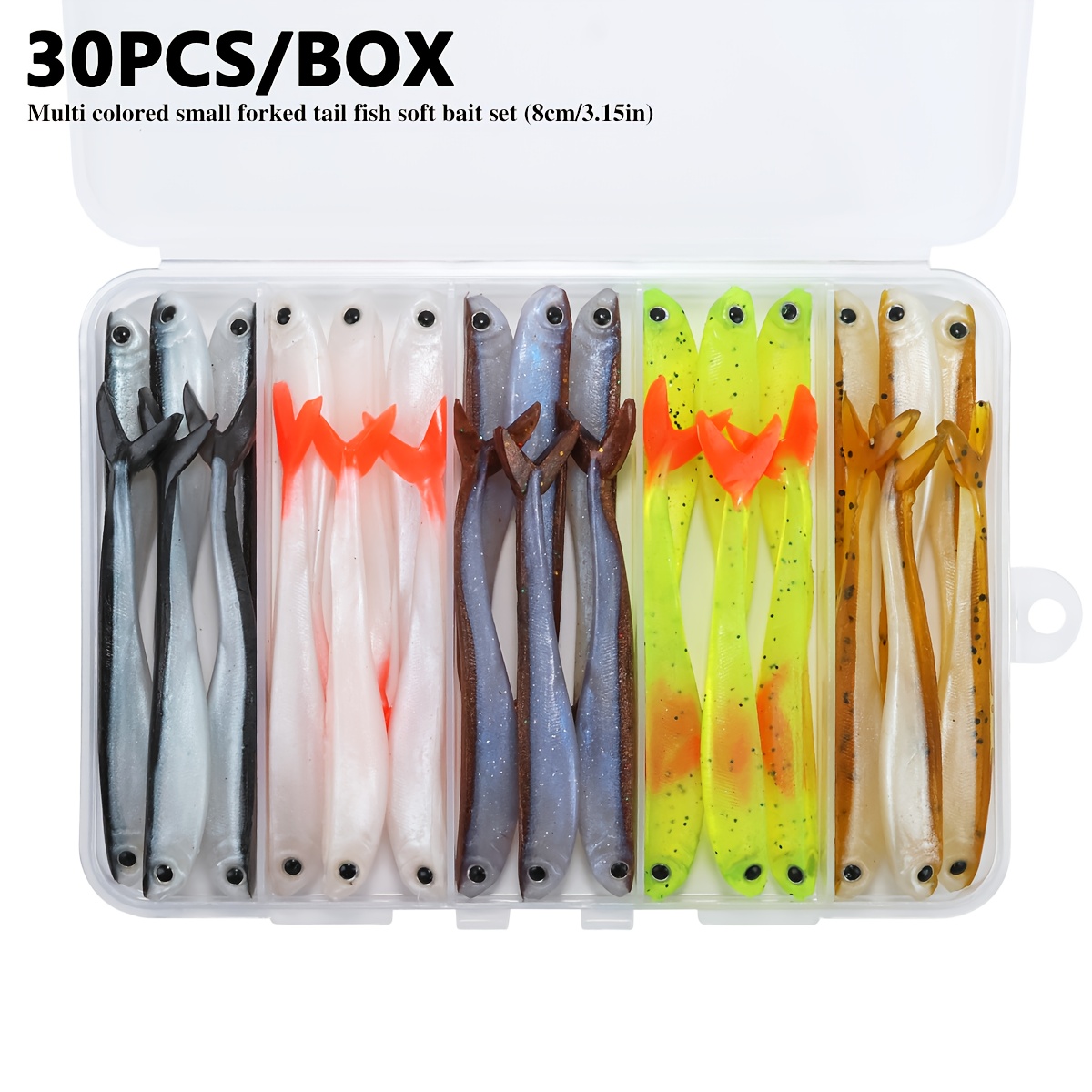 E-shop 30/Box 3D-Augen-Gegabelter-Schwanz weicher Schwimmköder, fünf Farben, schwimmendes hochwertiges PVC-Material - 3,15-Zoll realistischer