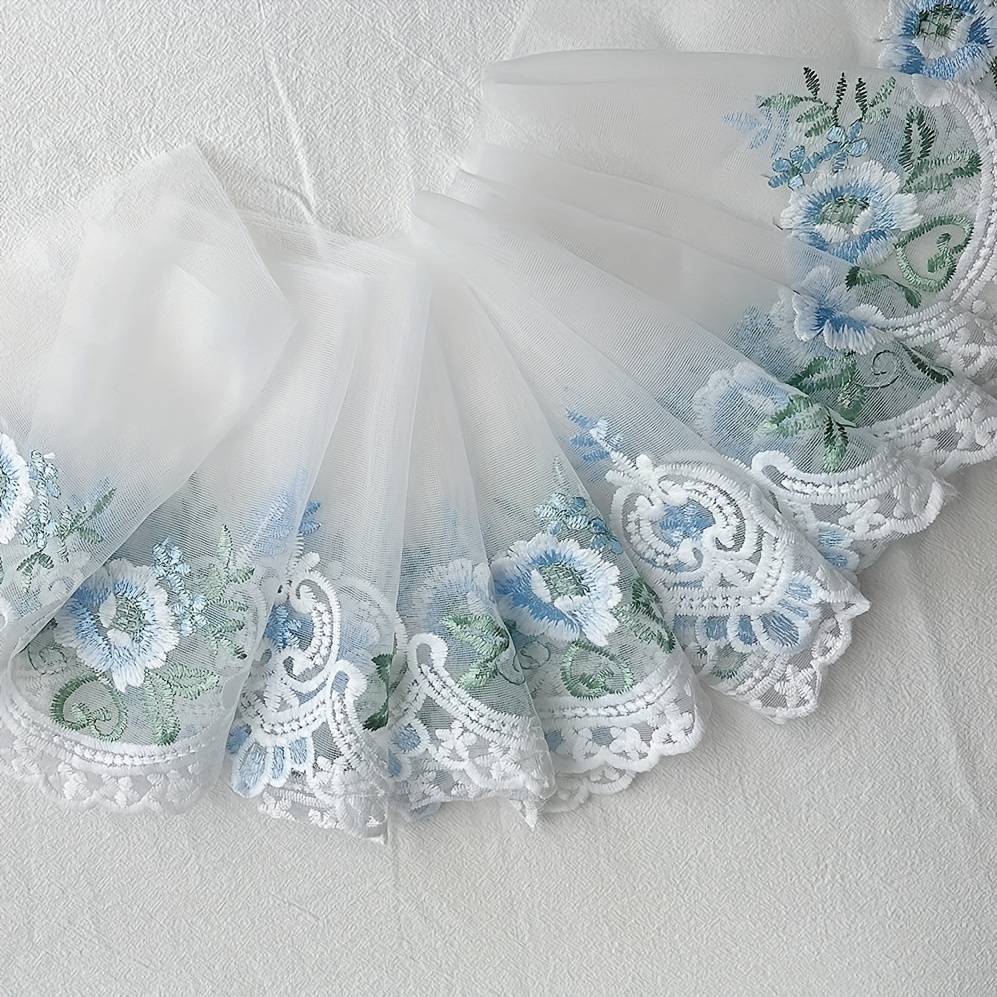 TEMU Blue & Pink Floral Embroidered Lace Trim - 20cm Wide Wedding Dress Tulle Overlay With Intricate Floral Patterns, Elegant Lace Trim For Dresses,