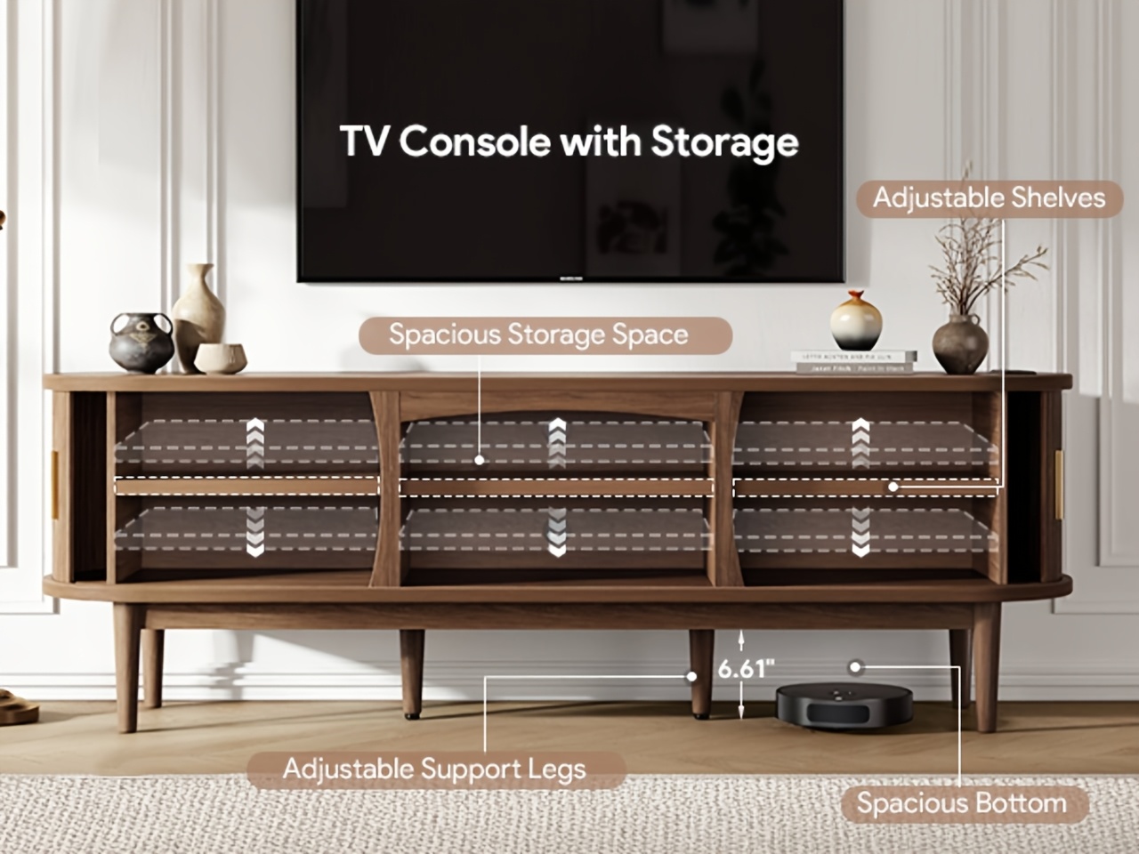 68 Inch Mid-Century TV Stand for TVs Up to 70 Inch, Entertainment Center with Storage, Power Outlet, Recessed Sliding Doors & Adjustable Shelves, Modern Media Console for Living Room, Housewarming Gift