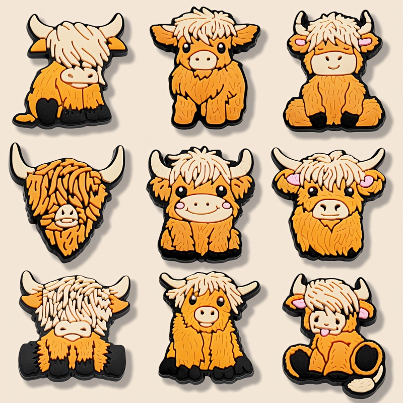 9pcs Highland Cow Theme, Classic And Unique, . Suitable For Diy Decoration— Adorning Shoes, Bags, Bracelets, Or As Party Gifts And Holiday Presents To Showcase Your Style