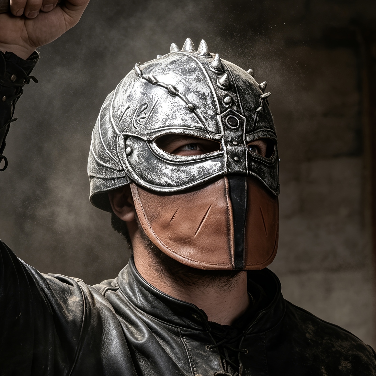 TEMU 1pc Medieval Warrior Helmet Costume Accessory Retro Norse Knight Hat With Silver Spiked Top And Brown Face Guard Perfect For Halloween Cosplay
