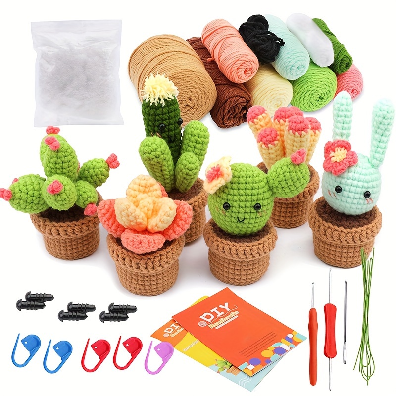 

6pcs Mixed Crochet Starter Kit, Crochet Kit For Beginners, Beginner Crochet Kit For Adults, With Crochet Hooks, Yarn, Polyester Fiber, Stitch Markers, Plastic Eyes And Instructions