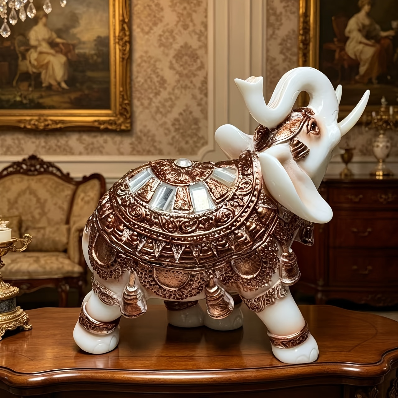 TEMU Elegant Resin Elephant Statue - Bohemian Golden & White Shui Figurine Suitable For / Use, Good Luck Housewarming Gift, Tabletop Decor For Living