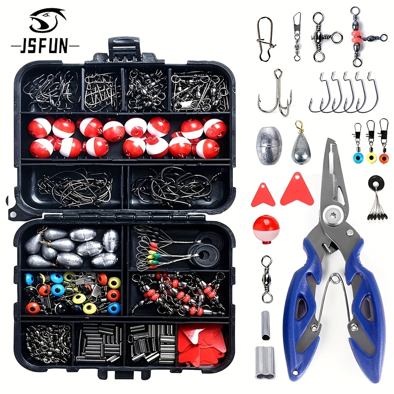 

264pcs Stainless Steel Fishing Tackle Kit With Pliers, Jig Hooks, Sinkers, Swivels, Snaps, Sinker Slides - Abs Tackle Box, Multi-functional Pliers, Separate Grids, Transparent Lid