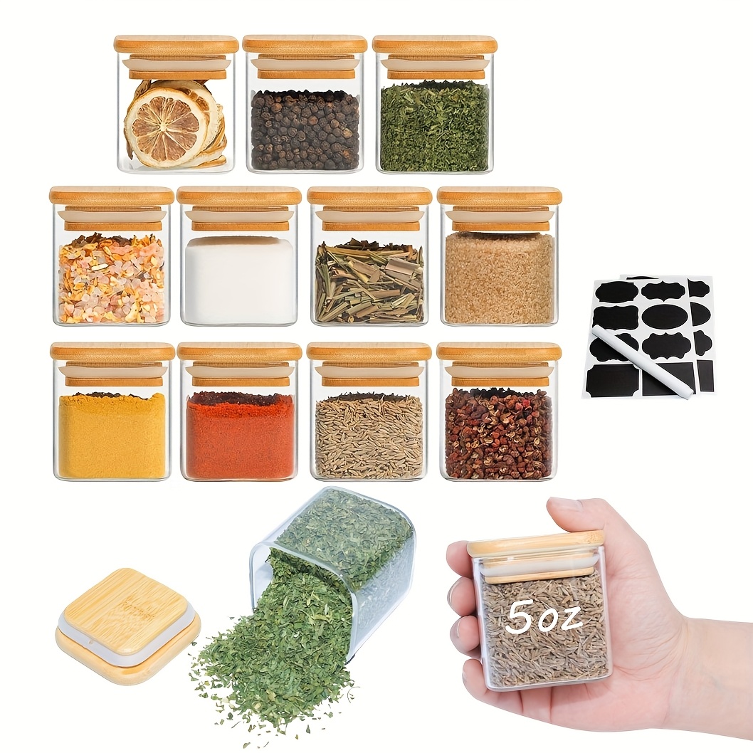 

5oz 12packs 9packs Glass Spice Jars Set With Labels, Square Spice Jars With Bamboo Lids And Sticker Labels, Food Storage Container Canisters, For Kitchen Seasoning, Coffee Bean, Tea, , Herbs