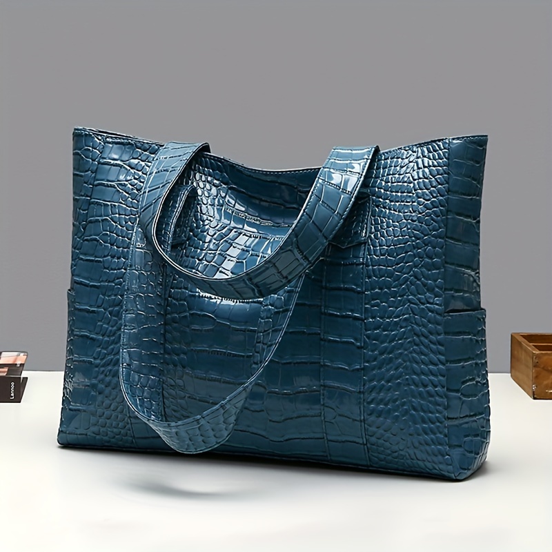 

Luxurious Crocodile-embossed Pu Tote Bag For Women - Large Capacity, Blue , Shoulder & Handbag With Zipper Closure, Tote Bag | Bag | Bag