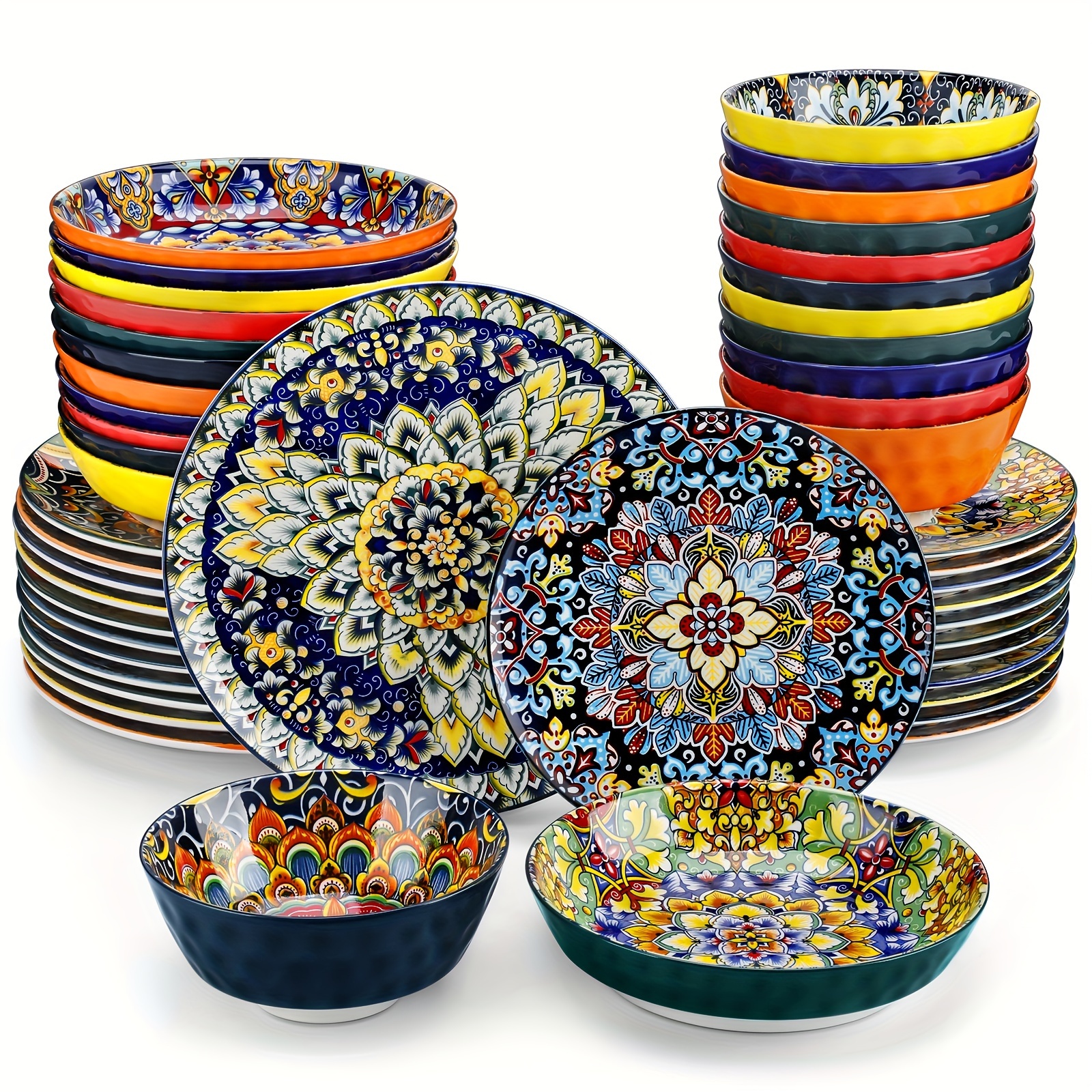 E-shop 48-teiliges Bohemian Geschirrset, Kunsthandwerk-Geschirrset mit 10,5-Zoll-Teller, 8,5-Zoll-Dessertteller, 780ml Pasta-Schüssel 950ml