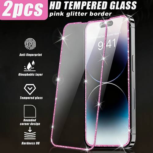 two pieces pink glitter hd compatible with for iphone sparkling screen protector in pink high definition drop resistant suitable for fashionable phone additions for iphone 11 12 13 17 series
