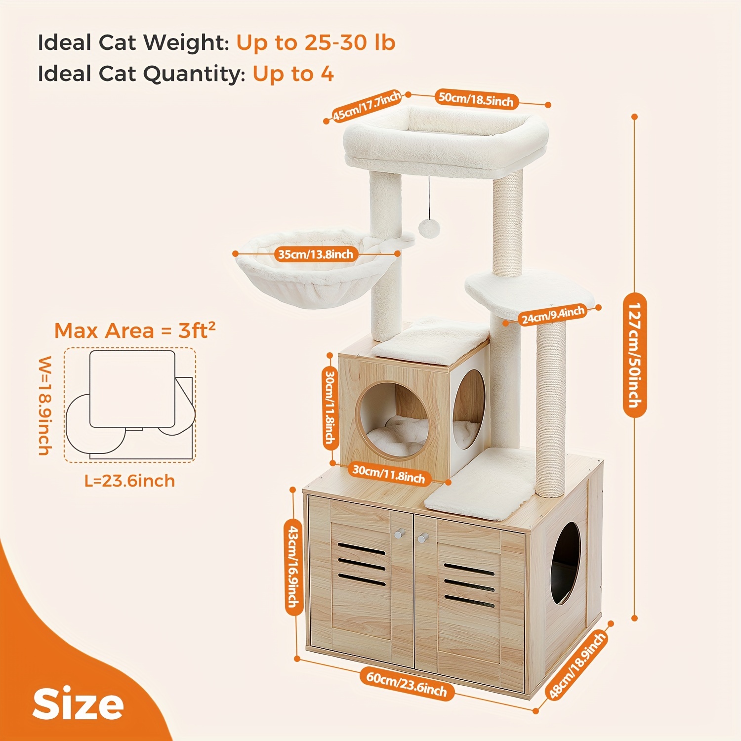 TEMU Cat Tree With Litter Box Enclosure, 50" Modern Cat Tree For Large/ With Cat Condo, Wooden Cat Furniture With Large Hammock And Top Perch