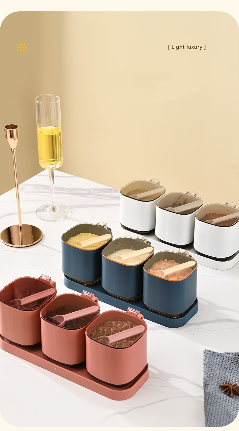 2 3 4pcs set seasoning pot set kitchen spice pot seasoning containers creative monosodium   pot salt and pepper jar with tray pepper containers seasoning storage with lid food storage box with spoon kitchen stuff kitchen accessories Product details 8