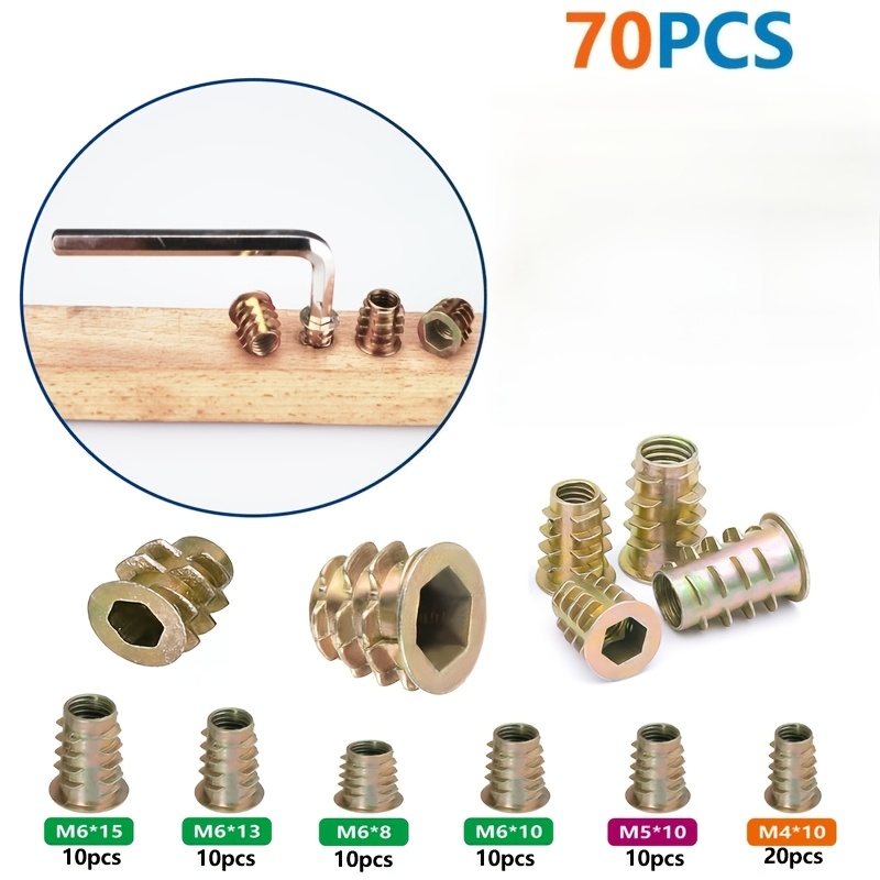 TEMU Kit de herramientas de inserción de roscas de madera de 70 piezas, conector de fijación de tuercas de pernos para muebles, accesorio de juguete