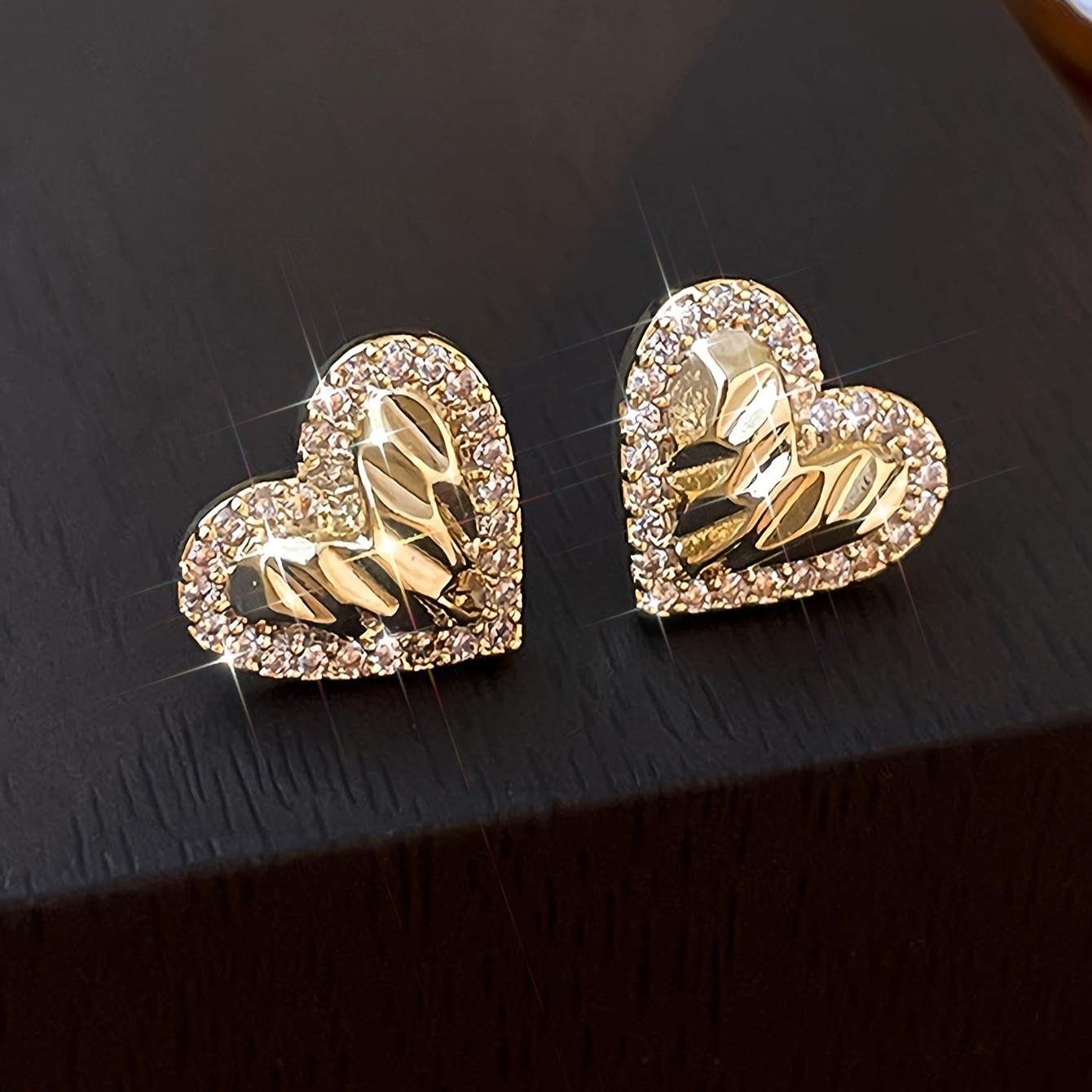 

1pair Bling Bling Elegant Style Stud Earrings Geometric Inlaid Zircon Love Heart Stud Earrings Jewelry For Women Valentine's Day