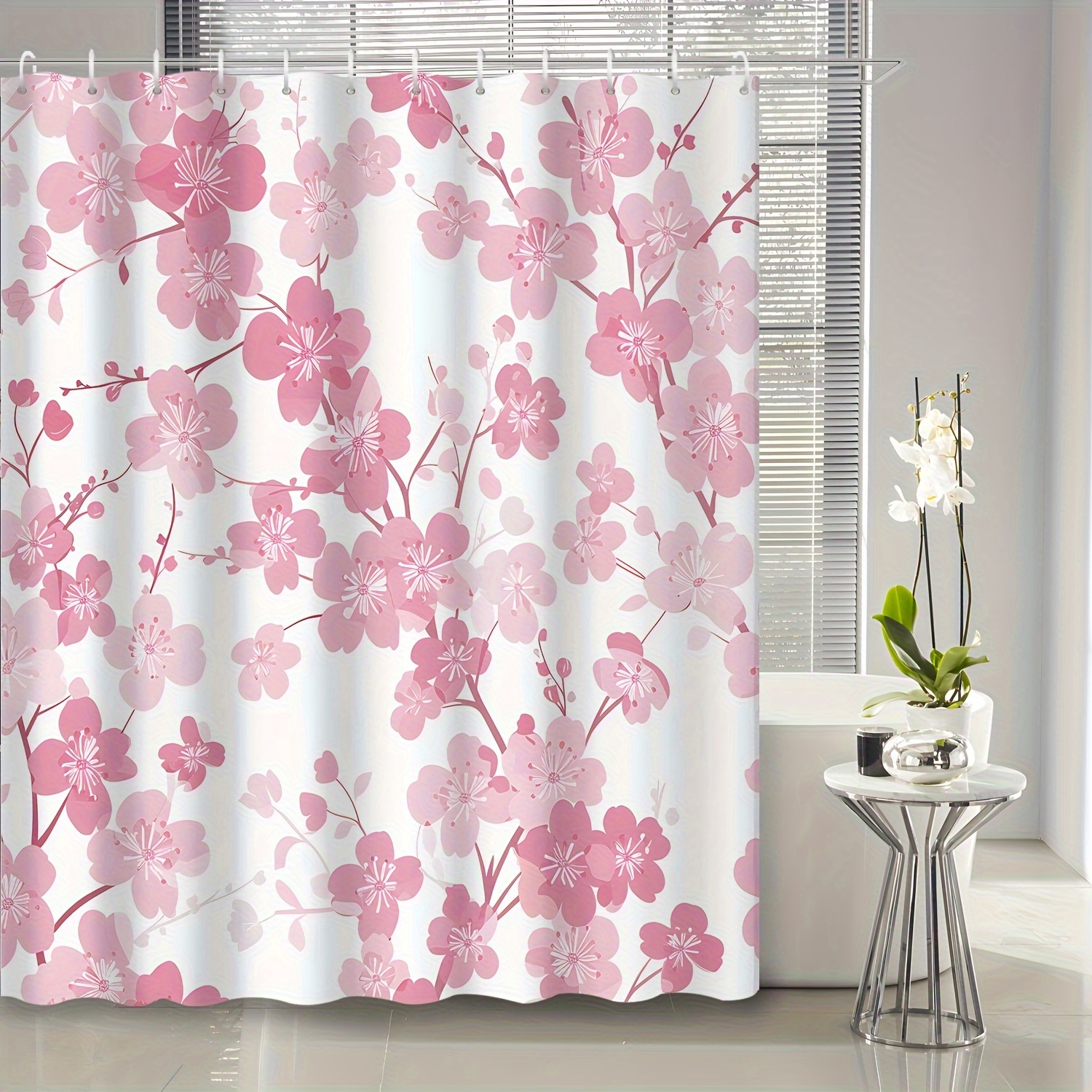 

1pc Watercolor Cartoon Flowers Pink Peach Bathroom Shower Curtain, With 12 Hooks Waterproof Shower Curtain, Bathroom Decoration, Bathroom Accessories