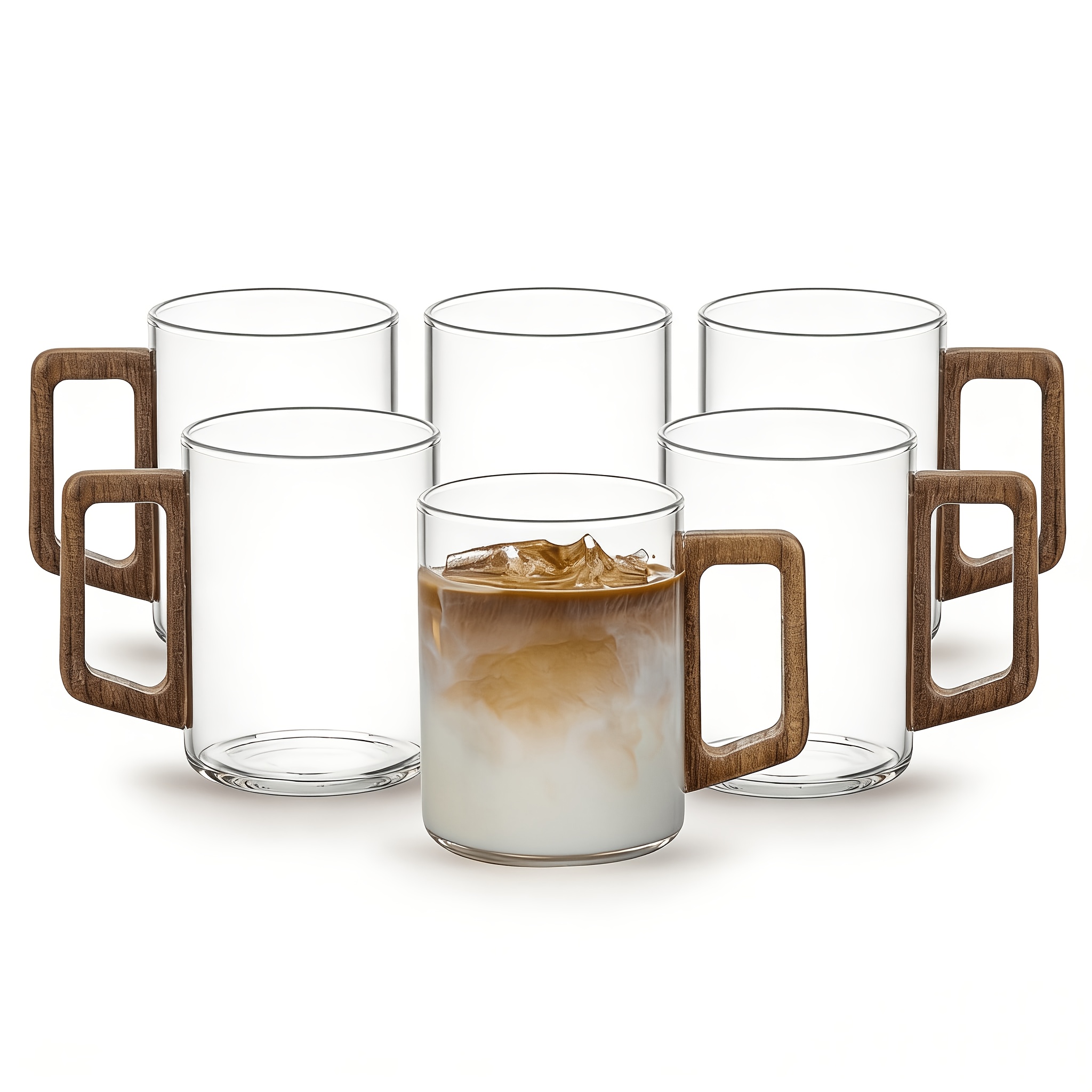 TEMU 6pcs Wooden Handle Glass Cups, 15oz Glass Coffee Cups, Transparent Cups Suitable For Tea, Latte, Espresso, And Juice, Tea Cups, Gs, Souvenirs