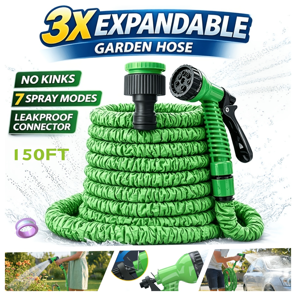 TEMU Manguera de jardín elástica verde 3X expandible, boquilla con 7 patrones de rociado, tubería de agua flexible y fácil de guardar, adecuada para