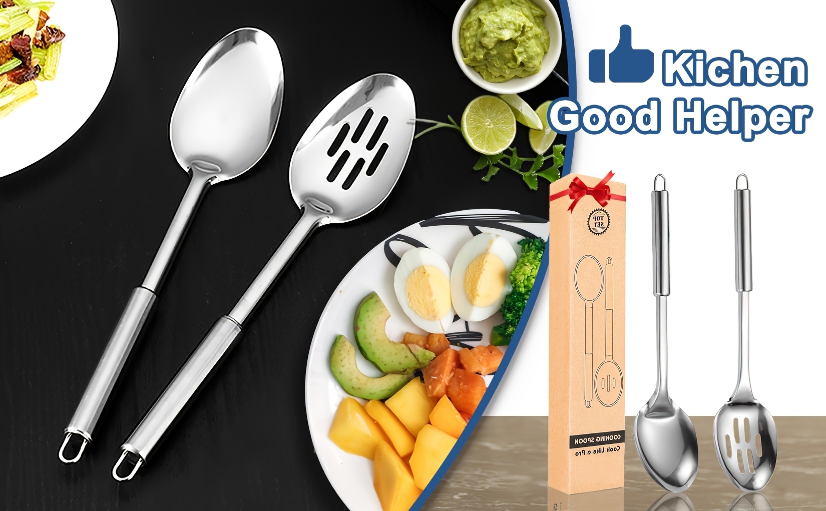 cooking spoon set 2pcs stainless steel cooking utensils set kitchen utensil set serving spoon slotted spoon heat resistant handle dishwasher safe easy to clean details 3