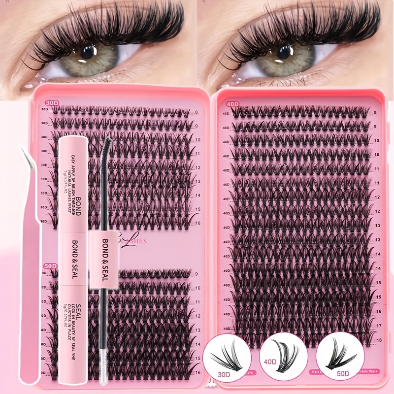 Image of 680/280/200pcs Eyelash Cluster Eyelash Extension Kit, 2-in-1 Lash Glue, Tweezers, 30d+40d+50d 8-18mm Mixed Eyelash Clusters, Suitable For Beginners At Home And Reusable