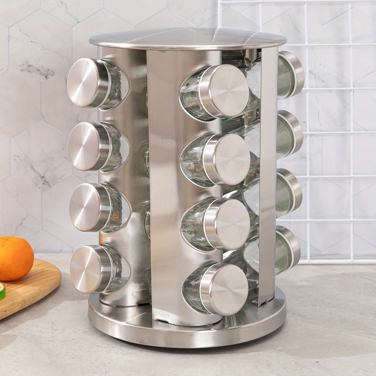 

360° Rotating Stainless Steel Spice Rack - Countertop Organizer With Pull-out Shelf For Kitchen & Dining