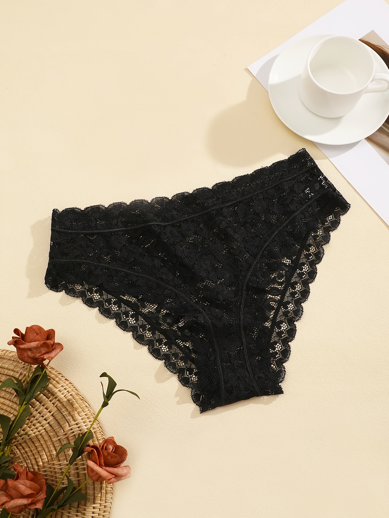 4pcs Women'S Comfortable Romantic Full Lace Pattern Triangle Panties, Sexy Sheer Women'S Underwear, Love Lace Pattern Hollow Out Design