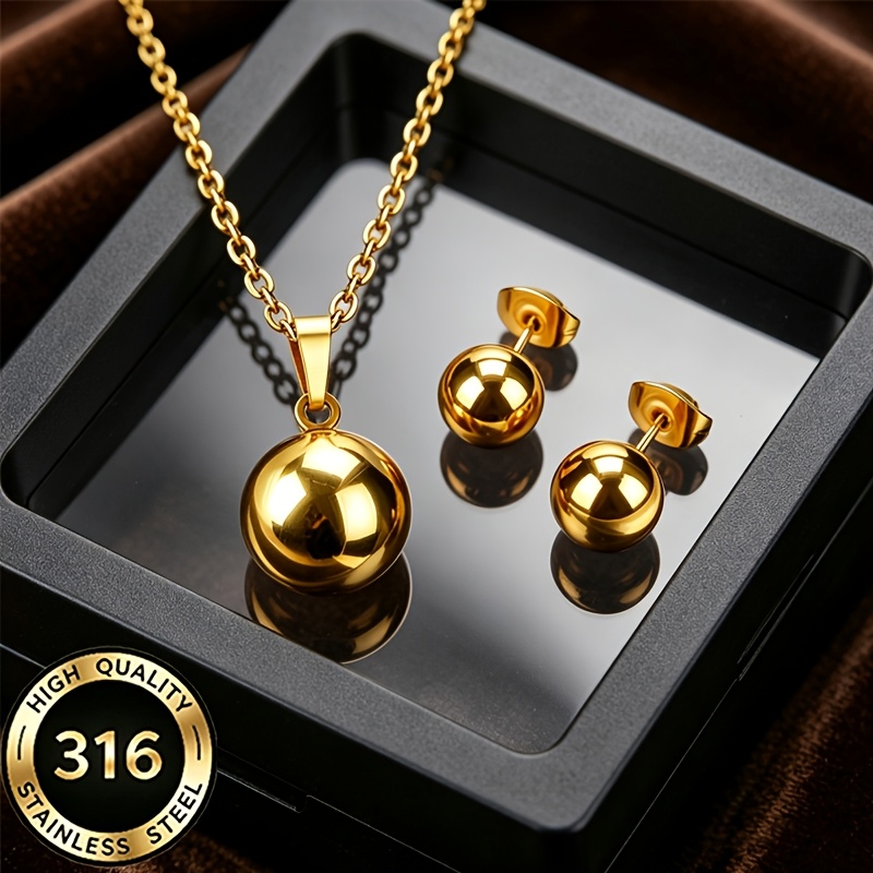 TEMU Conjunto de 2 piezas de collar con colgante de perlas doradas y aretes de acero inoxidable versátil y fácil de usar, conjunto de joyería de moda