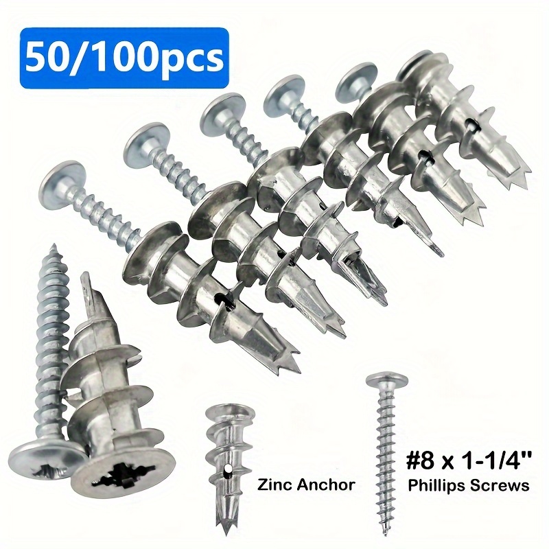 

50/100pcs Zinc Self-drilling Drywall Anchors With Screws Kit, 25 Heavy Duty Metal Wall Anchors And 25#8 X 1-1/4'' Screws