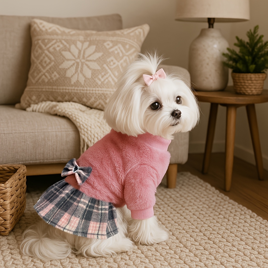 TEMU Dog Christmas Fluffy Sweater Dress For Small Dogs With Bowtie Turtleneck Dog Sweater Dress With Leash Hole Dog Winter Clothes Warm Knitted Puppy Sweater For Chihuahua Bichon Red