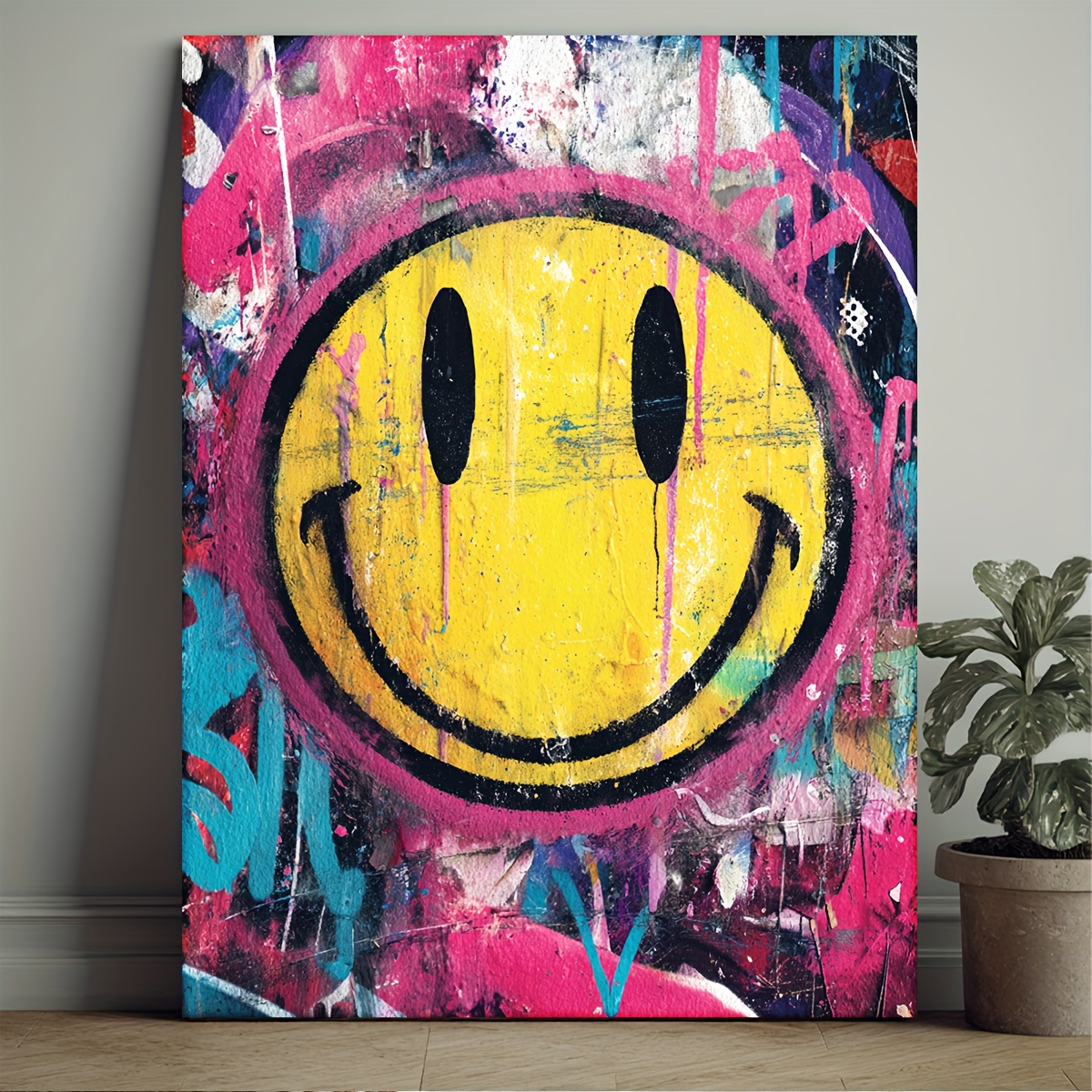 TEMU 2D Flach, 1 Stück Großes Fröhliches Gesicht Poster - Moderne Pop Art Graffiti Wanddekoration mit Rosa, Gelb, Schwarz, Blau, Lila, Grün, - Fertig