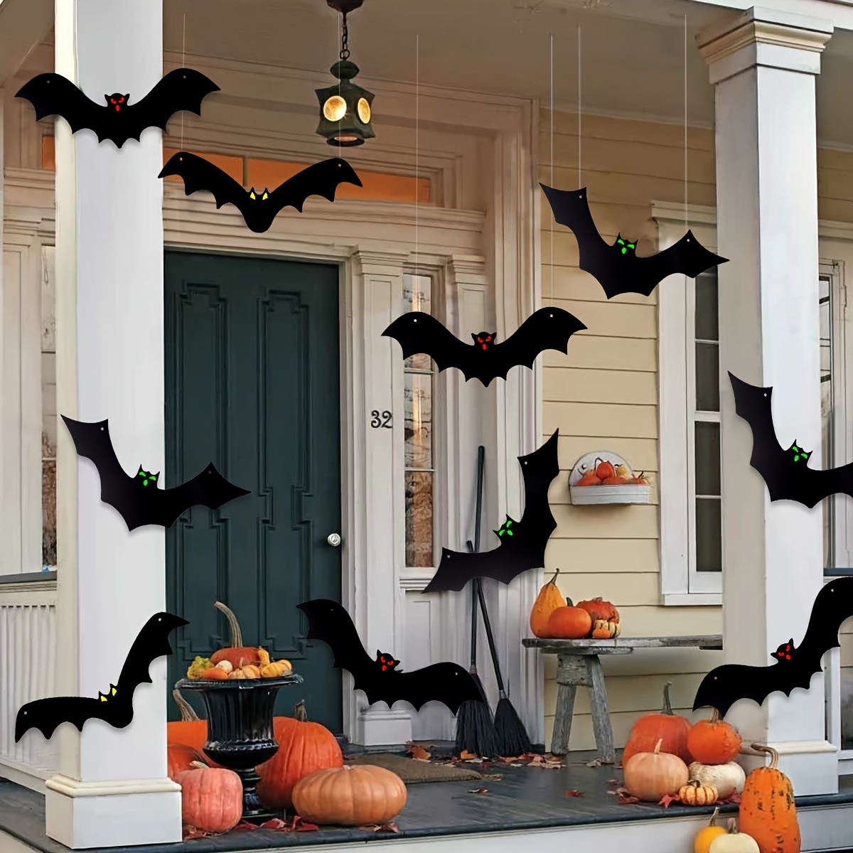12pcs halloween hanging bats decorations outdoor plastic flying bats with glowing eyes for front door   halloween hanging decorations outside for halloween christmas event party supplies Product details 0