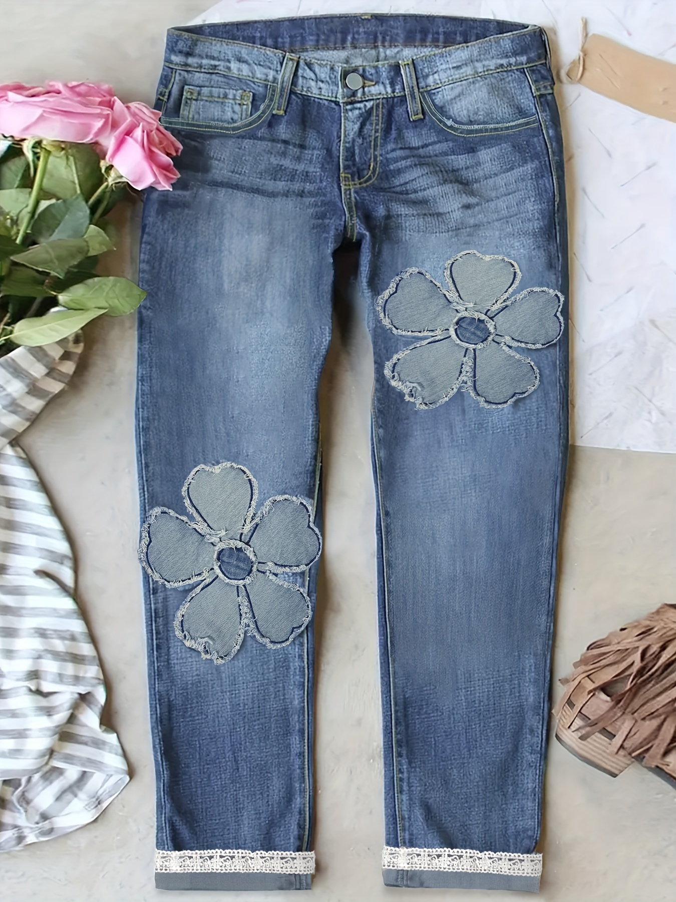 flower jeans sold on Temu United States