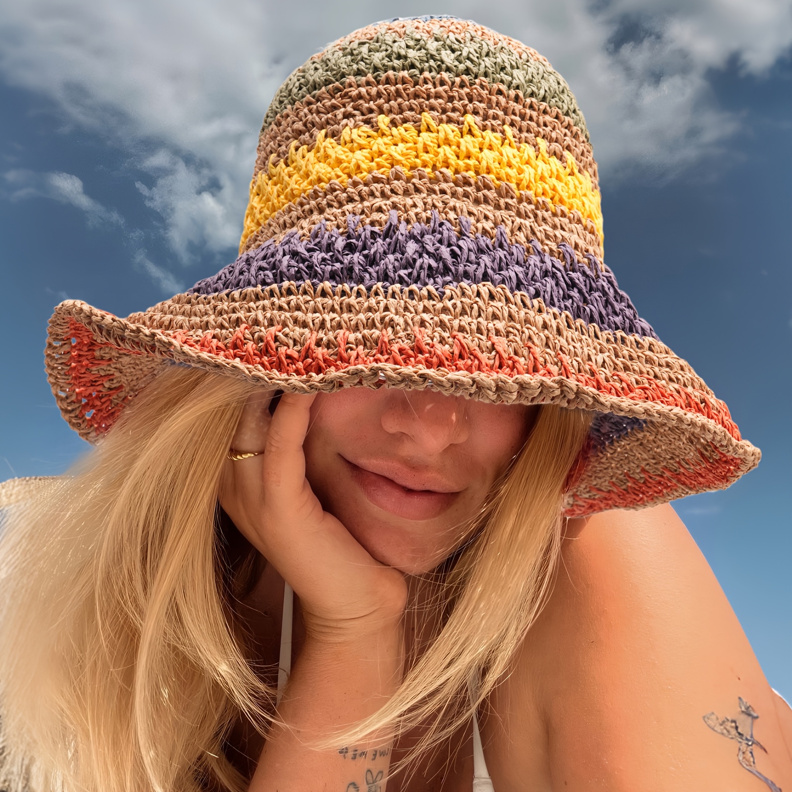 stripe crochet straw sun hats women summer beach hat wide - Temu display picture 1