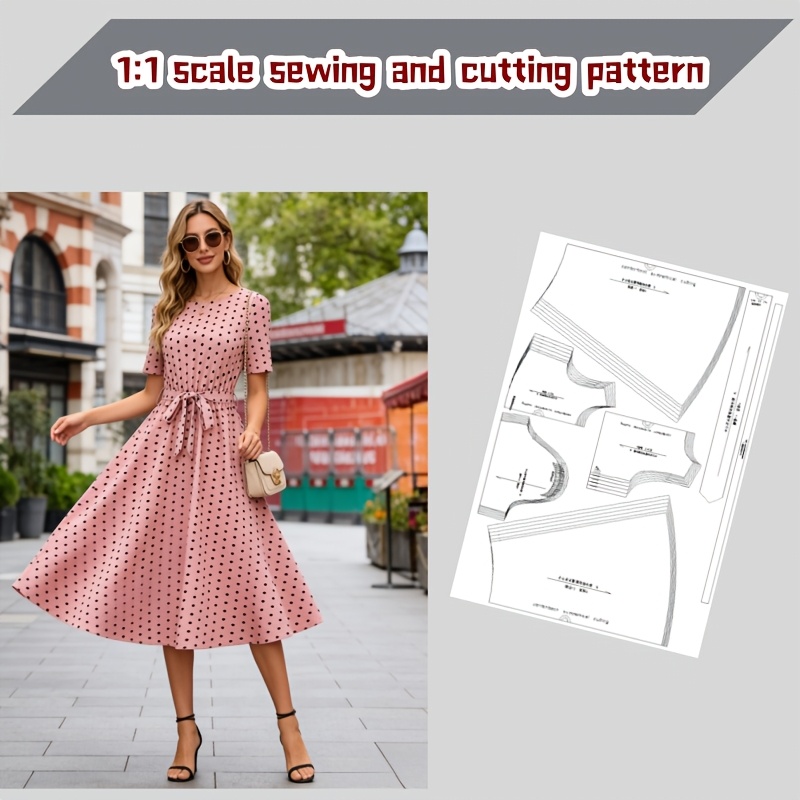TEMU Women's Polka Dot Fit-and-flare Midi Dress Sewing Pattern, Sizes Xs-3xl - Round Neck Short Sleeve Dress With Waist Tie, Graded Paper Pattern,