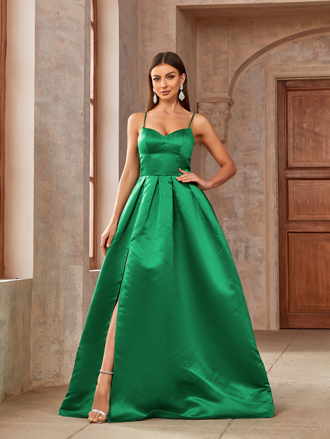 Emerald Green Satin A-Line Evening Gown with High Thigh Spaghetti  Straps Floor-Length Formal Dress for Women, Elegant Party Wedding Prom