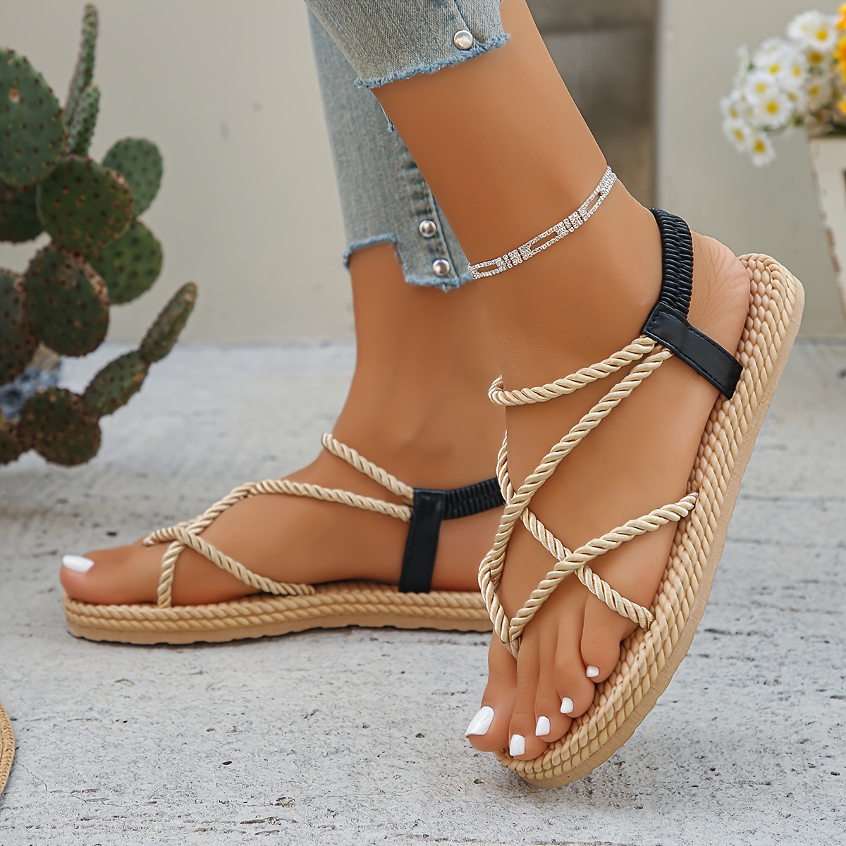 womens stylish braided flat sandals open toe with adjustable black straps lightweight summer   for casual or vacation wear stylish outdoor wear summer shoes   strappy sandals Product details 2
