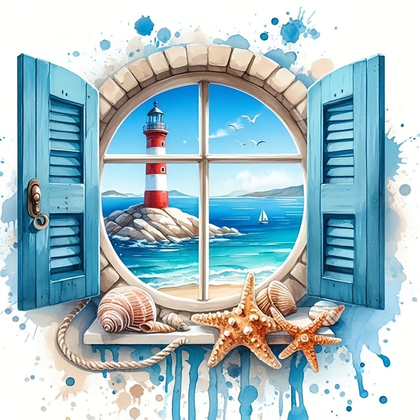 

5d Round Diamond Painting Kit - Seaside Lighthouse Landscape Theme, Full Drill Crystal Rhinestone Embroidery Arts Craft, Canvas Wall Decor - 11.8x11.8 Inches