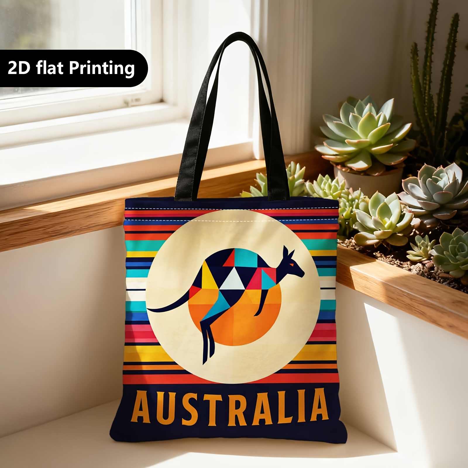 TEMU 1pc Double-sided Printing Shopping Tote Bag, Portable Shoulder Messenger Handbag, 2d, Geometric Kangaroo Pattern (australian Elements), Suitable
