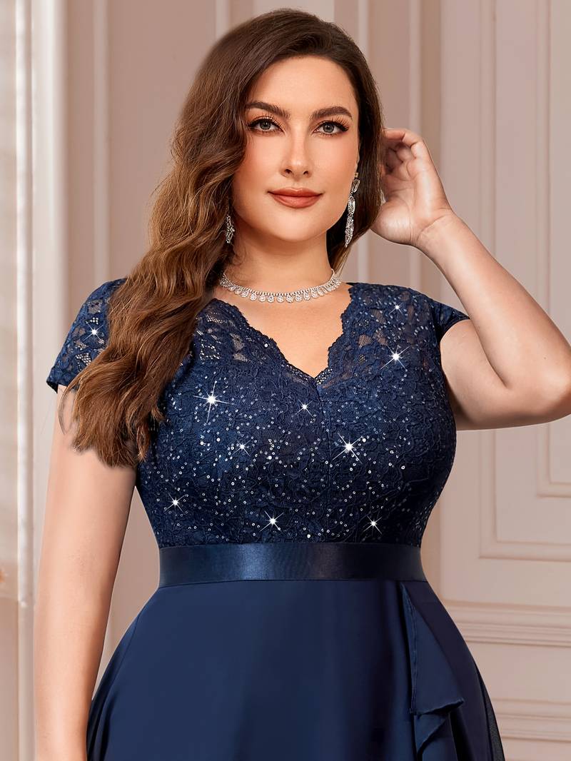 Abito In Pizzo Taglie Forti Pinup Fashion - Scollo A V, Mezze Maniche, Gonna A A, Per Matrimoni E Cocktail (Taglie 16W-26W)