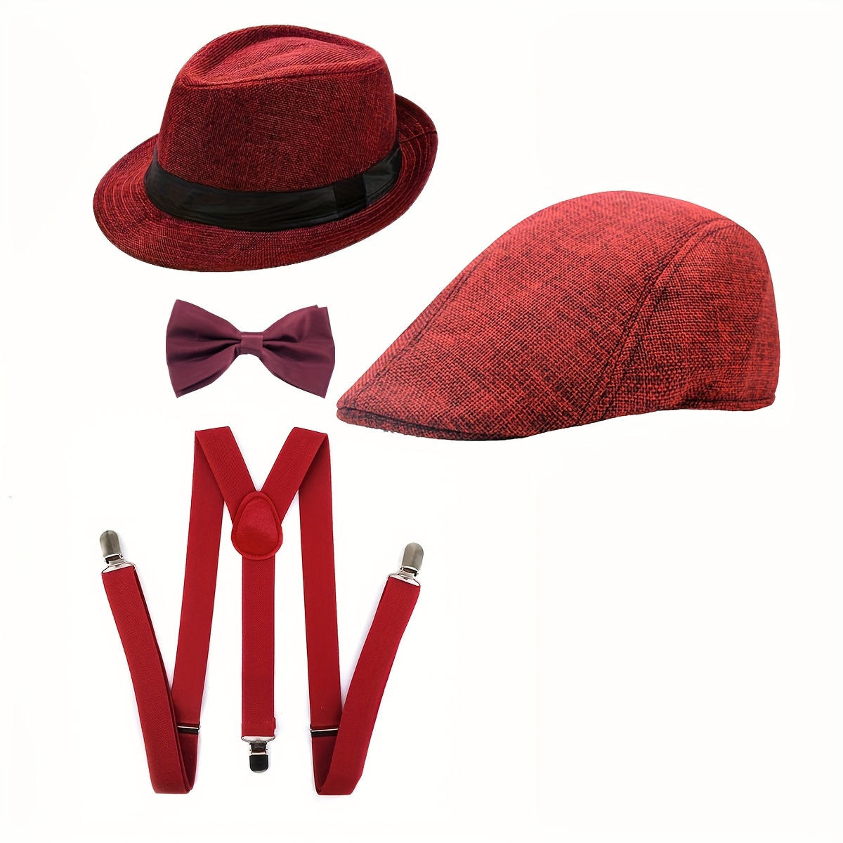 E-shop 4-teiliges 1920er Herrenbekleidung Gatsby Roaring 20s Kostüm Zubehör Set Fedora Hut und Krawatte Halloween Party