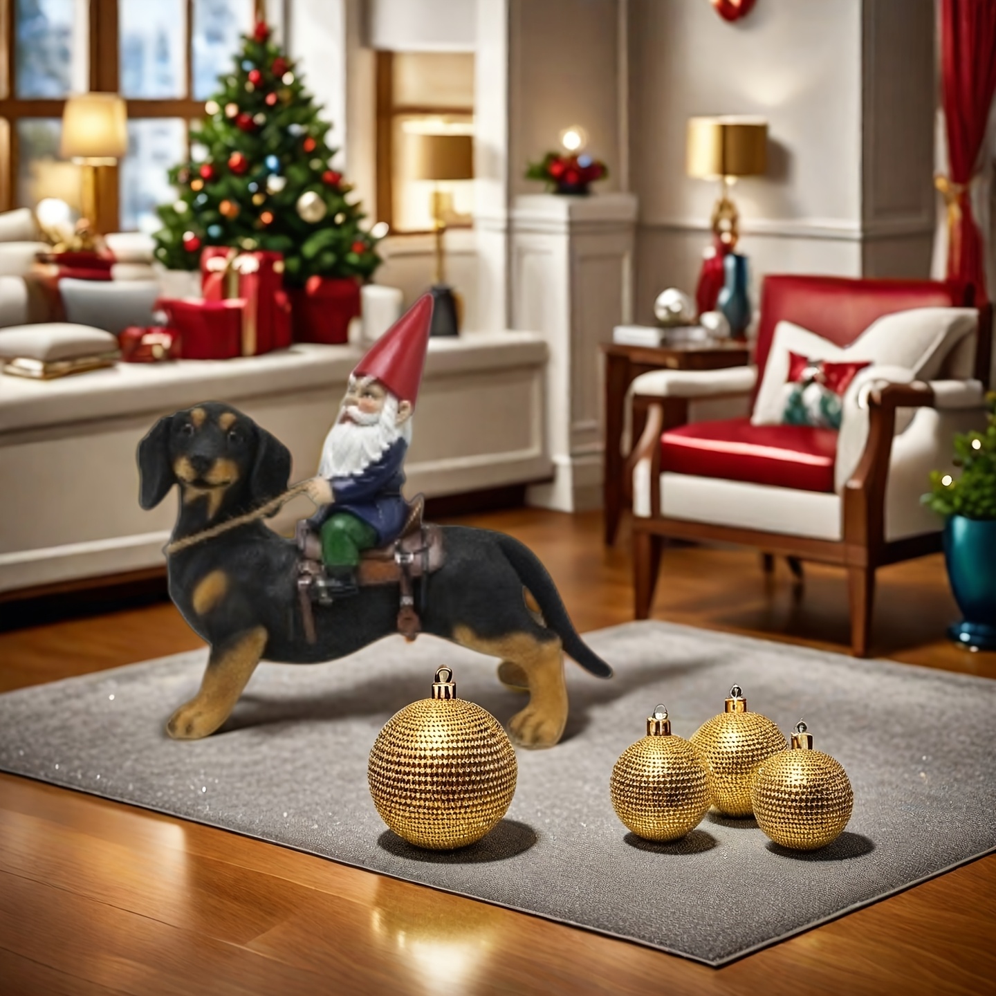 Image of Gnome Riding Dachshund Dog Statue - Hand-painted-look Resin Figurine With Dachshund Rider & Miniature Gnome, -standing Lawn & For Christmas, Garden, Shelf - Durable Outdoor/ Decoration (no