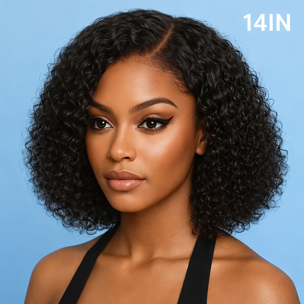 TEMU New Brazilian Curly Wig 14 Inch Middle Part Black Hair Wig For Daily Wear