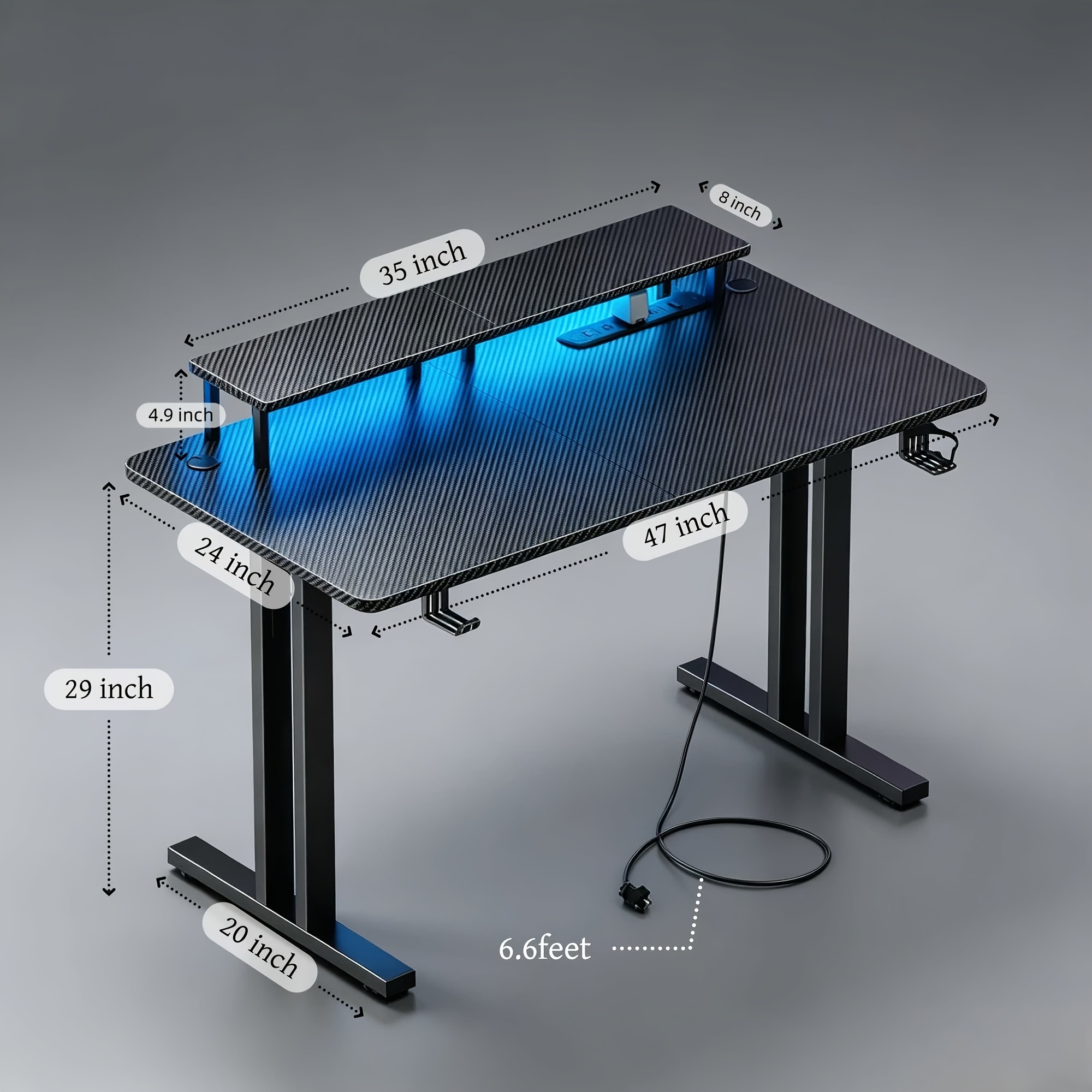 TEMU Table de Jeu avec LED et Prise Électrique, Bureau Gamer Ergonomique en Fibre de Carbone pour Ordinateur avec Support d'Écran, Porte-Gobelet,