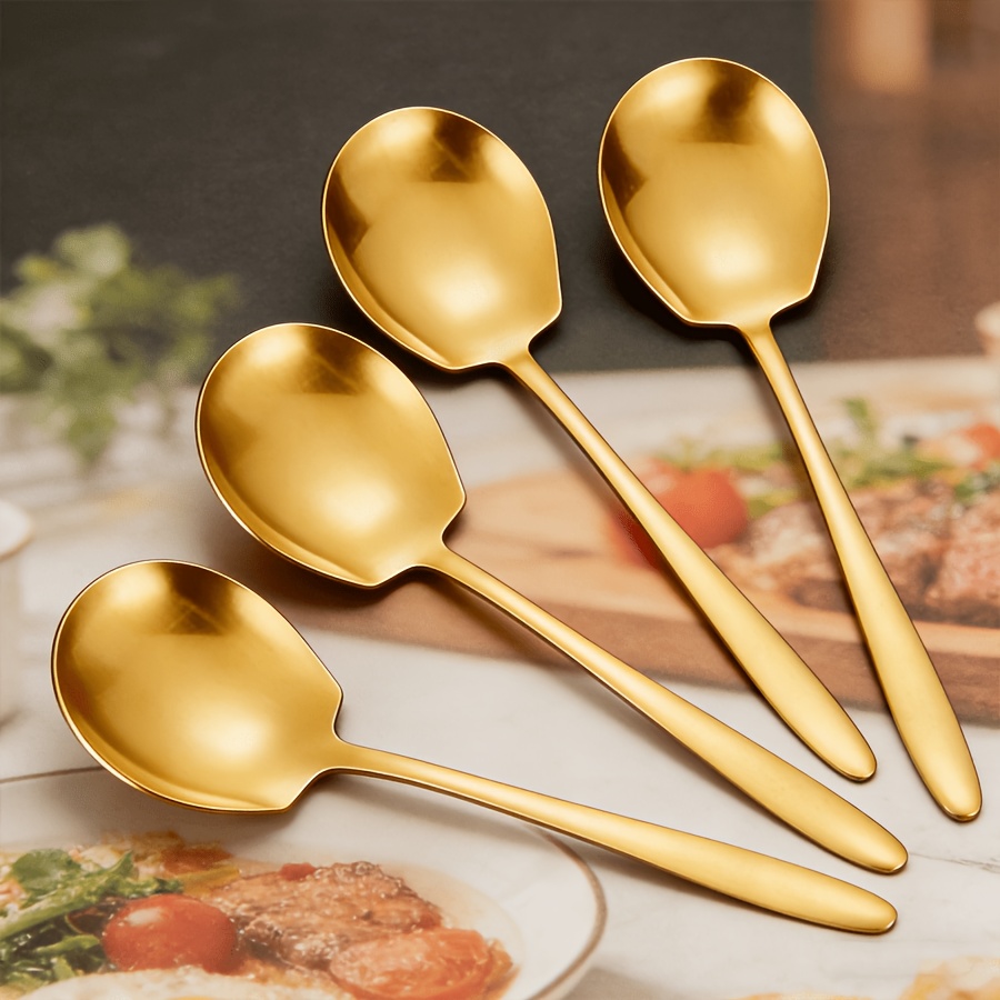 TEMU 4pcs Stainless Steel Serving Spoons With Round Head - Serving Spoon, Large Spoon, Long Handle Soup Spoon, Eating Spoon, Serving Spoon, Rice