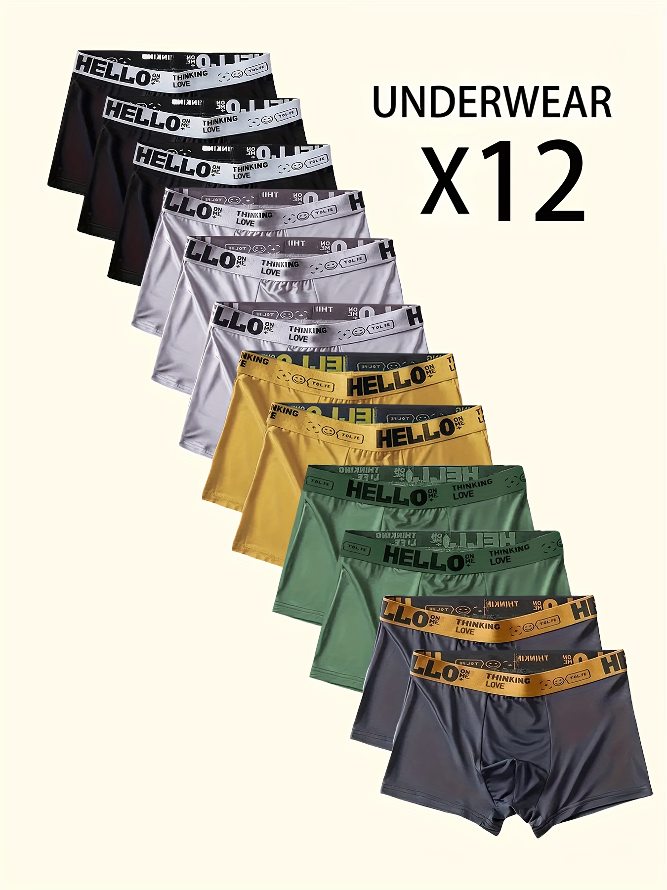 12pcs Men s Boxer Briefs, HELLO Letter Waistband, Breathable Soft Casual Fashion Sports Underwear, Plus Size Boxers for Men, Pouch Boxer, White Boxer Briefs for Men,  ,  , Letter Print, Sleek Waistband, Soft Material, Breathable Fabric, Men s Underwear, Multipack Underwear, Casual Attire, Men s Fashion