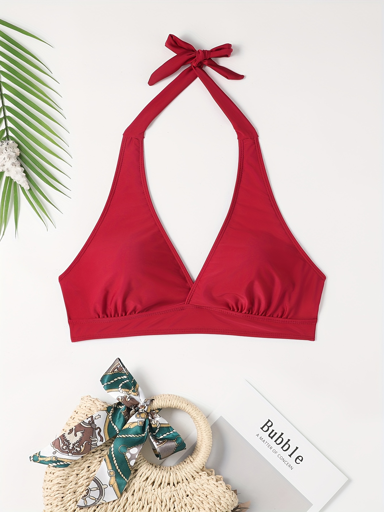 Deep V Neck Halter Tie Neck Bikini Top, Backless High Strech Stylish Swimsuit Top, Women's Swimwear & Clothing