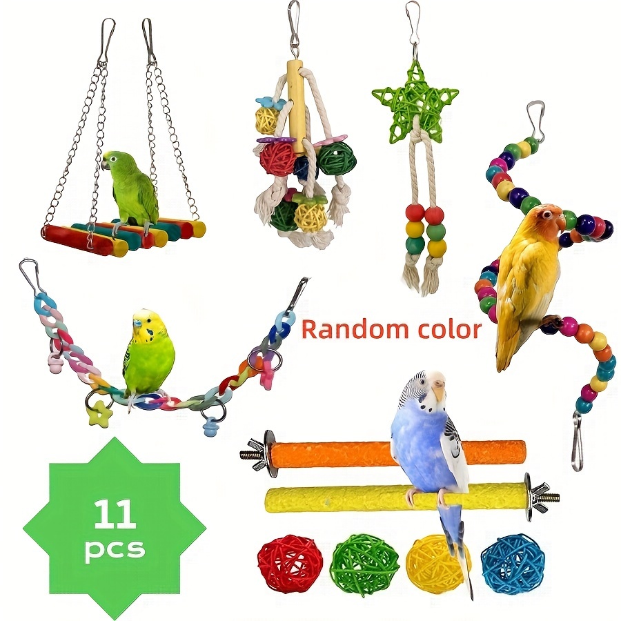 11pcs Parrot Toy Colorful Frosted Vine Ball Rotation Beads Tiger Skin Peony Lovebird Parrot Bite And Chew Teeth Toy Supplies Random Colors