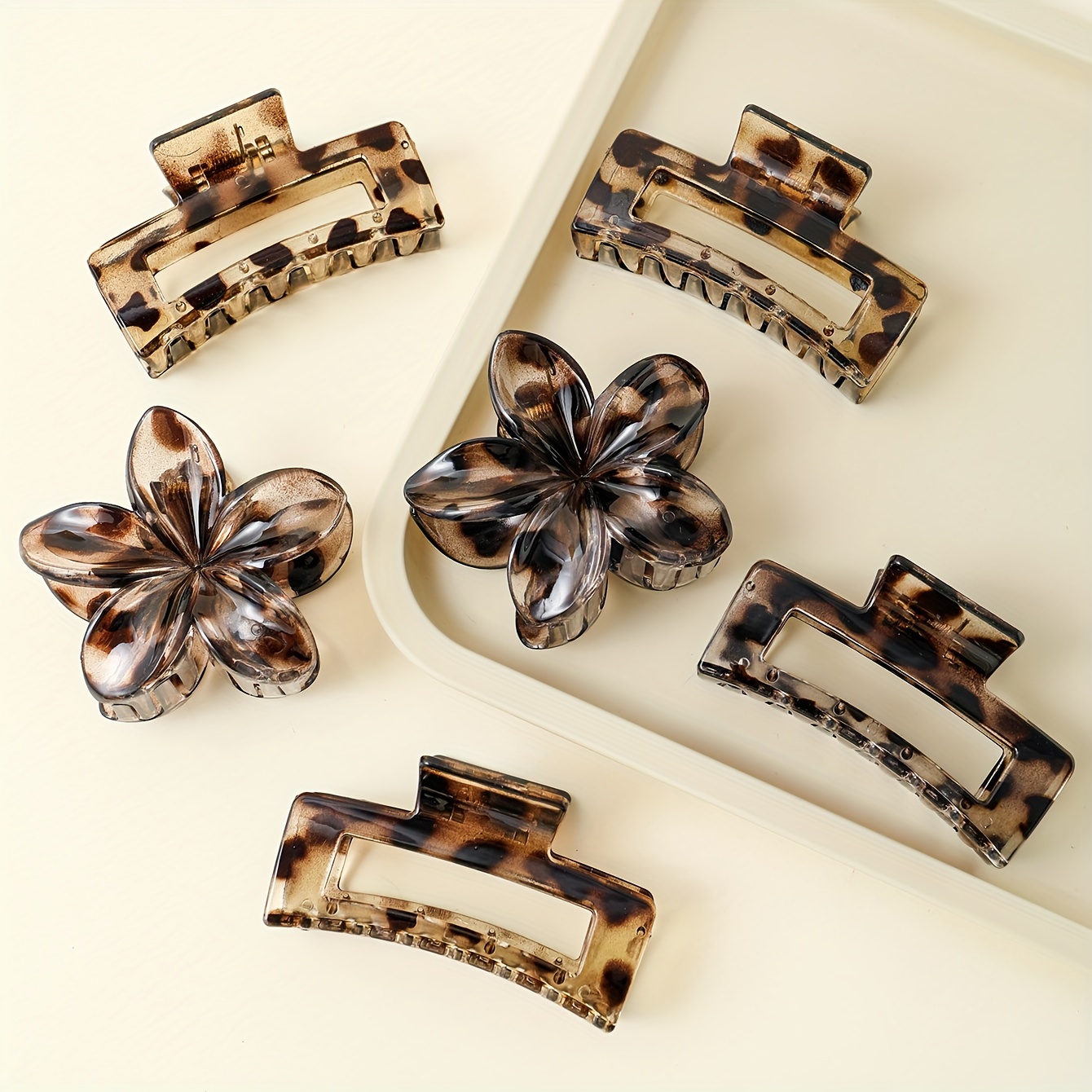 6pcs Retro Leopard Print Flower Amber Back-of-the-head Flower Square Large Shark Clip Hair Accessory