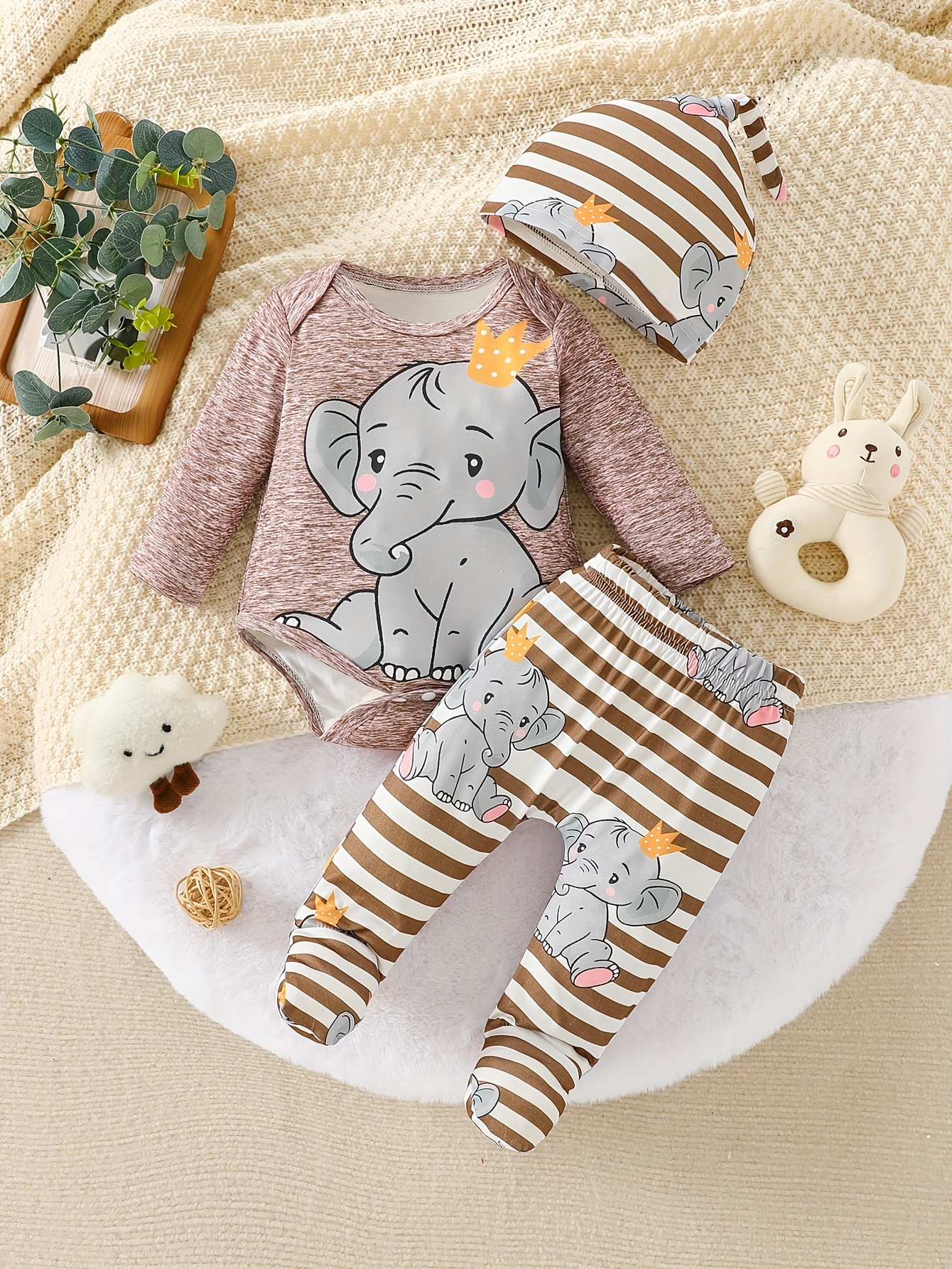 set baby boy elephant print long sleeve romper striped Temu