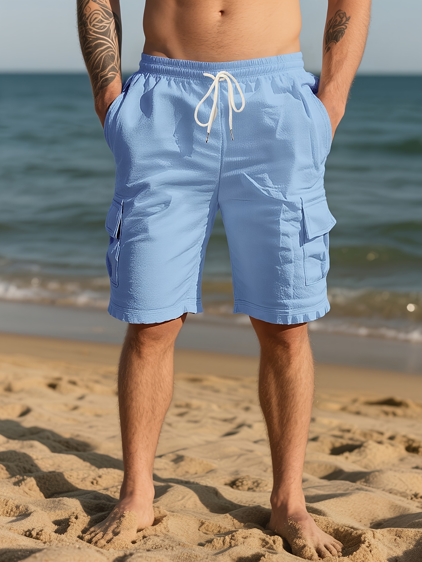 mens breathable linen cargo shorts multiple pockets Temu United